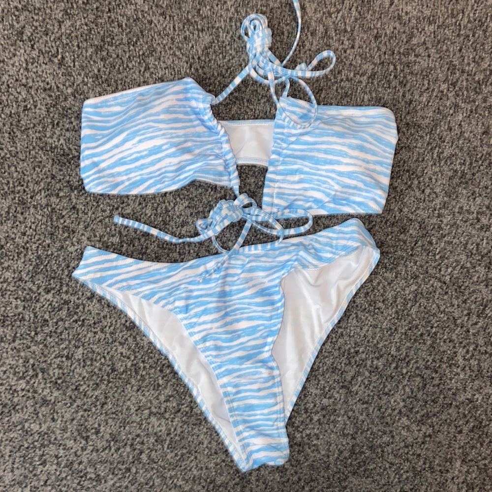Baby blue and white striped bikini